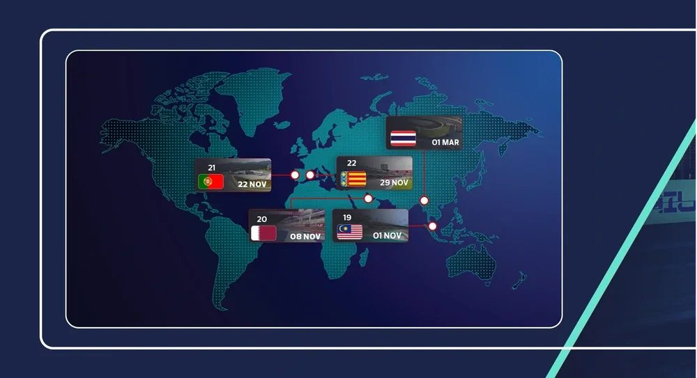 Small video wall, MotoGP — the information layer: a world map with race dates and flags