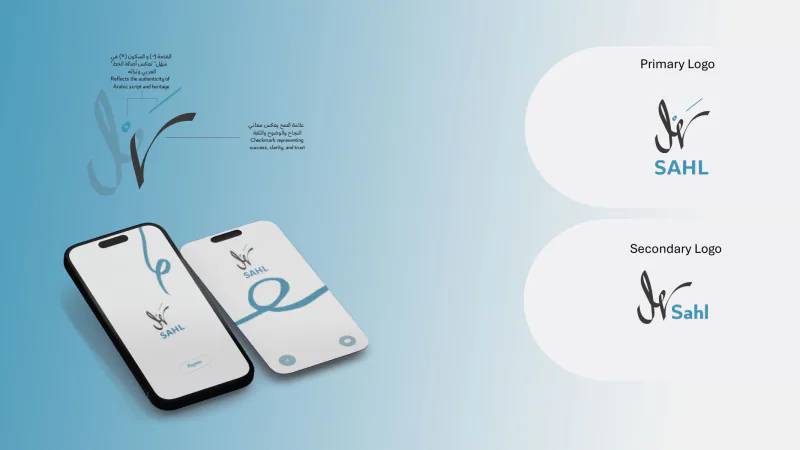 Sahl — Logo Proposal, plate 3 of 11: First logo — primary and secondary versions beside two phone mockups