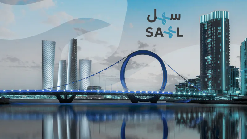Sahl — Logo Proposal, plate 7 of 11: The Sahl wordmark over a skyline with a blue ring-shaped bridge